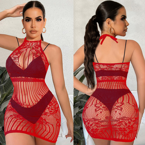 Red Fashion Halter Mesh Clothes Tight Hollow Sexy Dress
