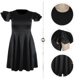 Black Solid Color Ruffle Shoulder Plus Size Midi Swing Dress with 2 Pockets