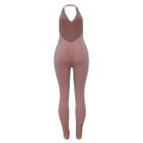Pink Fashion Women's Solid Color Mesh Halter Backless Sexy Jumpsuit