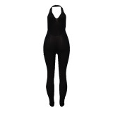 Black Fashion Women's Solid Color Mesh Halter Backless Sexy Jumpsuit