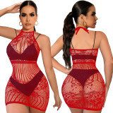 Red Fashion Halter Mesh Clothes Tight Hollow Sexy Dress