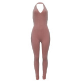 Pink Fashion Women's Solid Color Mesh Halter Backless Sexy Jumpsuit