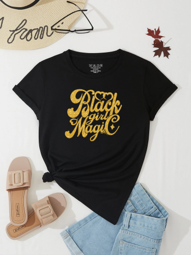 Black Casual Cotton Printed Letter T-shirts
