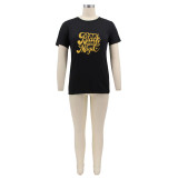 Black Casual Cotton Printed Letter T-shirts