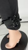 Black Casual Solid Bandage Patchwork V Neck Plus Size Two Pieces Pant Set