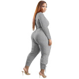 Grey Casual Solid Bandage Patchwork V Neck Plus Size Two Pieces Pant Set