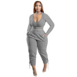 Grey Casual Solid Bandage Patchwork V Neck Women Two Pieces Pant Set