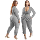 Grey Casual Solid Bandage Patchwork V Neck Women Two Pieces Pant Set