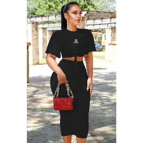 Black Fashion Casual Letter Print Fold O Neck Short Sleeve Two Pieces Dress Sets