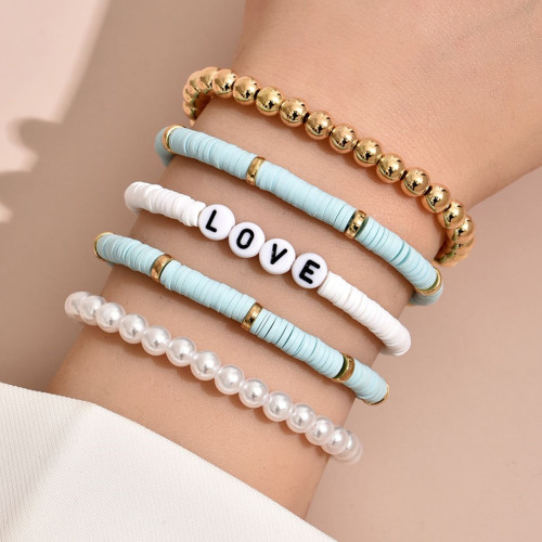 Blue Soft Pottery Retro Temperament Pearl  Bracelet Love Set of 5