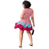 Summer Printed Colorblock Short Sleeve Pleated Mini Dress
