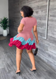 Summer Printed Colorblock Short Sleeve Pleated Mini Dress