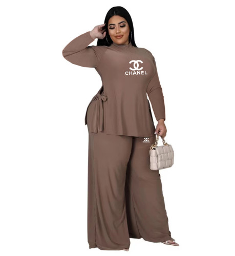Brown Solid Color Plus Size Side Slit Round Neck Loose Printed Letter Two Piece Set