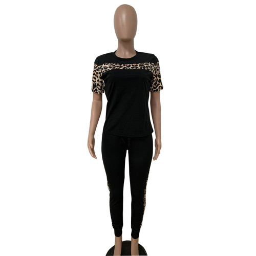 Casual Print Leopard Stitching Crew Neck Short Sleeve Two Piece Set