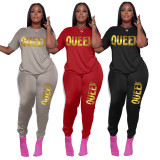 Casual Bronzing Queen Letter Round Neck Short Sleeve Pant Set