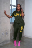 Casual Round Neck Bronzing LOVE Letter Short Sleeve Pant Set