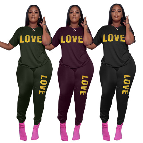 Casual Round Neck Bronzing LOVE Letter Short Sleeve Pant Set
