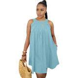 Light Blue Solid Color Sleeveless Crew Neck Pleated Cotton Mini Dress with Pocket