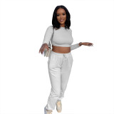 White Casual Solid Color Long Sleeve Crop Top and Trousers