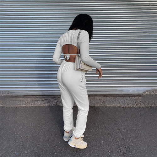 White Casual Solid Color Long Sleeve Crop Top and Trousers