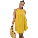 Yellow Solid Color Sleeveless Crew Neck Pleated Cotton Mini Dress with Pocket