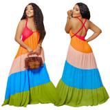 Sexy Sleeveless Backless Colorblock Sling Loose Maxi Dress