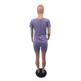 Purple Casual Solid Color Sports Short Sleeve Two Pieces