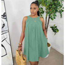 Light Green Solid Color Sleeveless Crew Neck Pleated Cotton Mini Dress with Pocket