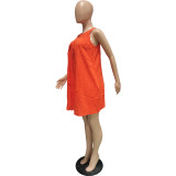 Orange Solid Color Sleeveless Crew Neck Pleated Cotton Mini Dress with Pocket