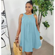 Light Blue Solid Color Sleeveless Crew Neck Pleated Cotton Mini Dress with Pocket