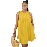 Yellow Solid Color Sleeveless Crew Neck Pleated Cotton Mini Dress with Pocket