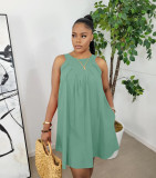 Light Green Solid Color Sleeveless Crew Neck Pleated Cotton Mini Dress with Pocket