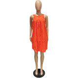Orange Solid Color Sleeveless Crew Neck Pleated Cotton Mini Dress with Pocket