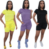 Yellow Casual Solid Color Sports Short Sleeve Two Pieces