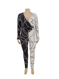 Sexy Contrast Slim Casual Print V Neck Jumpsuit with Belt