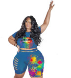 Blue Casual Women Lips Printed Ripped Hollowed Out O Neck Plus Size Two Pieces