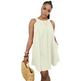 White Solid Color Sleeveless Crew Neck Pleated Cotton Mini Dress with Pocket