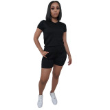 Black Casual Solid Color Sports Short Sleeve Two Pieces