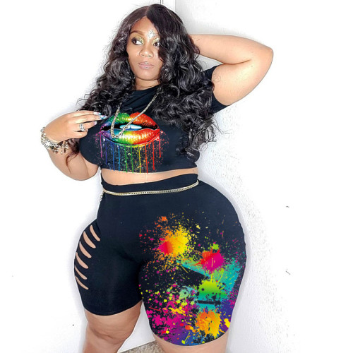 Black Casual Women Lips Printed Ripped Hollowed Out O Neck Plus Size Two Pieces