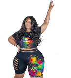 Black Casual Women Lips Printed Ripped Hollowed Out O Neck Plus Size Two Pieces