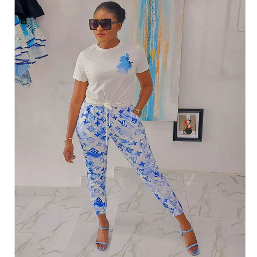 2022 Summer Fashion Simple Printed Two-piece Pant Set
