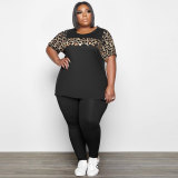 Casual Print Leopard Stitching Crew Neck Short Sleeve Plus Size Two Piece Set