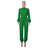 Classic Solid Offset Printed Long Sleeve Cargo Jumpsuit