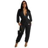 Classic Solid Offset Printed Long Sleeve Cargo Jumpsuit