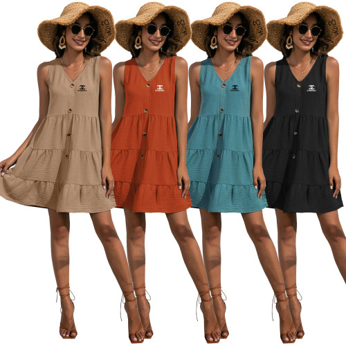 Women's Button Front Dress Summer Offset Printed Sleeveless V-Neck Pleated Swing Dresses