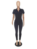Selling Solid Color Zipper Turndown Neck Cargo Jumpsuit