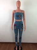 Denim Tracksuit Women Two Piece Set Cartoon Patch Spaghetti Strap Vest Crop Top Pencil Jeans Outfits