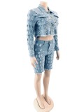 Casual Outfits 2022 Womens Denim Hole Long Sleeve Two Piece Shorts Sets