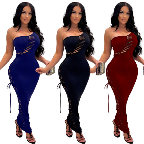 Women One Shoulder Sleeveless Skew Neck Lace Up Hollow Out Sexy Party Bodycon Maxi Dresses