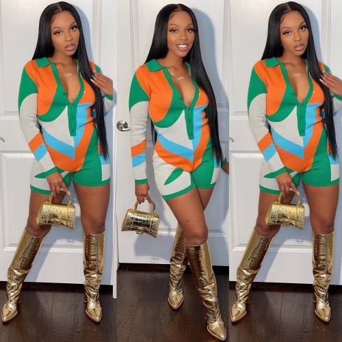 Colorblock Graffiti V Neck Single-Breasted Long Sleeve Knit Track Shorts Rompers